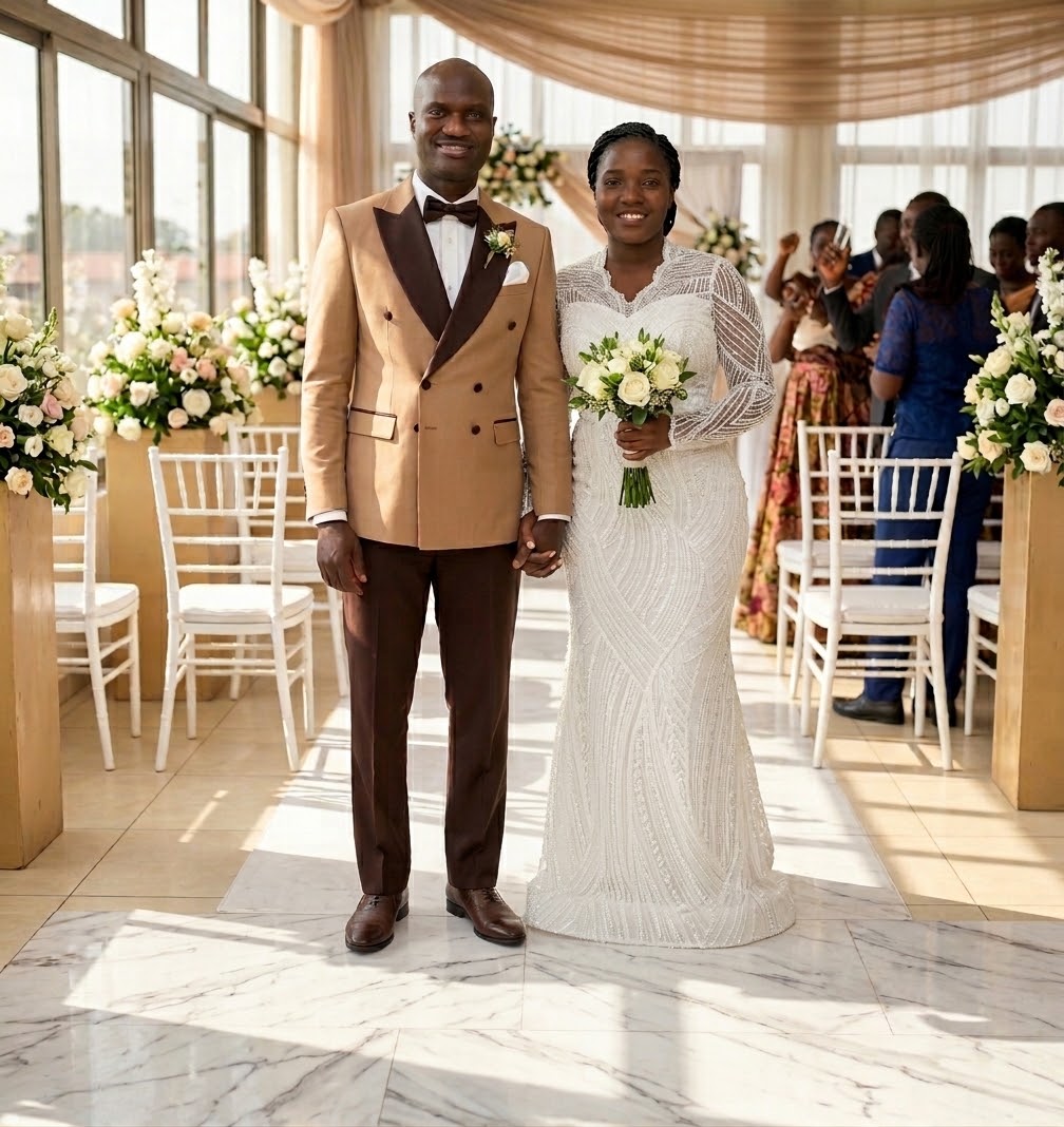 Odunayo and Ibitayo, a bride and groom in a warm editorial portrait